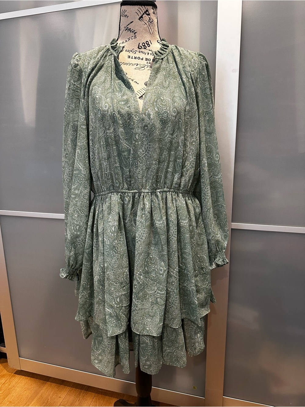 Reserved Sage Green Paisley Tiered Long-Sleeve Dress